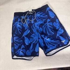 Speedo Swim Trunks Blue Tropical Print Mesh Lined Mens Small